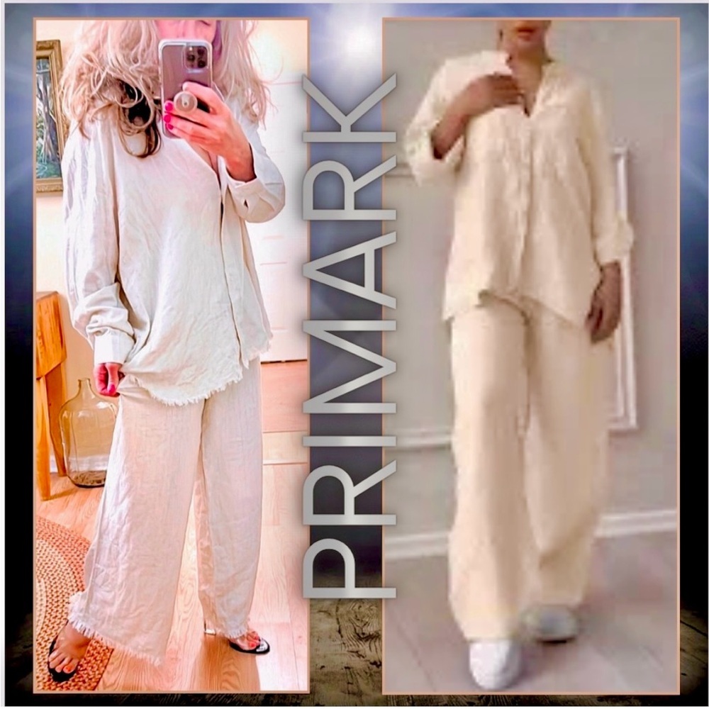 NWT,Neutral Linen Blend Textured Lounge Set Button Top + Fringe Pants EUC Size L - Picture 8 of 15